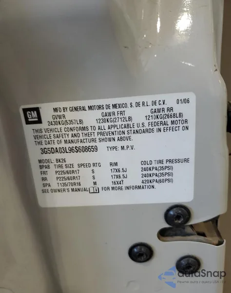 2006 Buick Rendezvous Cx z USA, uszkodzony, nr VIN 3G5DA03L96S608659